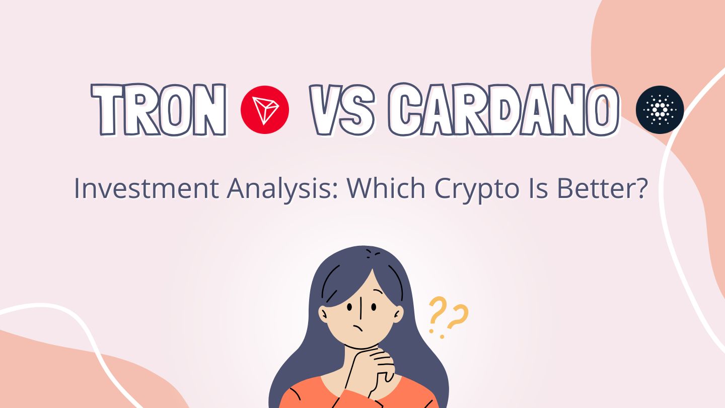 TRON vs Cardano cryptocurrency comparison image showing person thinking with question marks, featuring both crypto logos for investment analysis