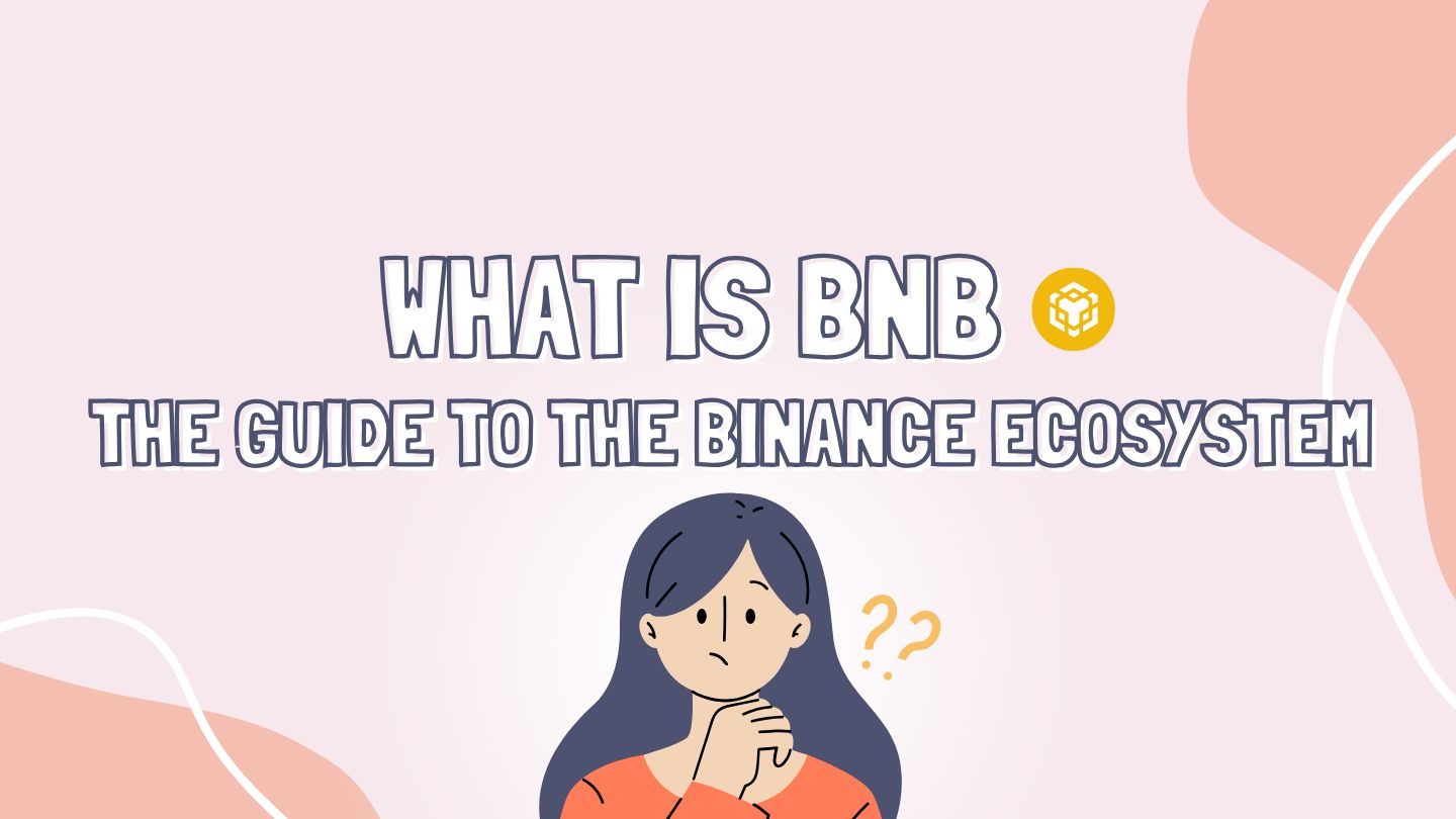 Educational guide cover explaining BNB cryptocurrency and Binance ecosystem, featuring illustrated character pondering with question marks, yellow BNB logo on pastel pink background.