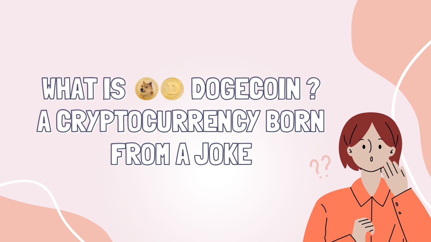 Cryptocurrency explainer cover about Dogecoin's origin as internet meme joke, featuring Shiba Inu dog logo coins and surprised illustrated character on pastel pink background.
